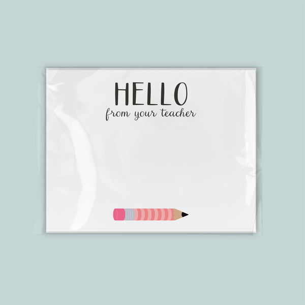 A white square with the text "HELLO from your teacher" written in black cursive font. Below the text, there is a pencil graphic.