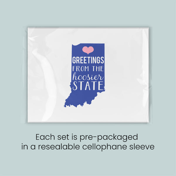a pre-packaged greeting from the Hoosier State, which is a pre-packaged cellophane sleeve. Each set is pre-packaged in a resealable cellophane sleeve.