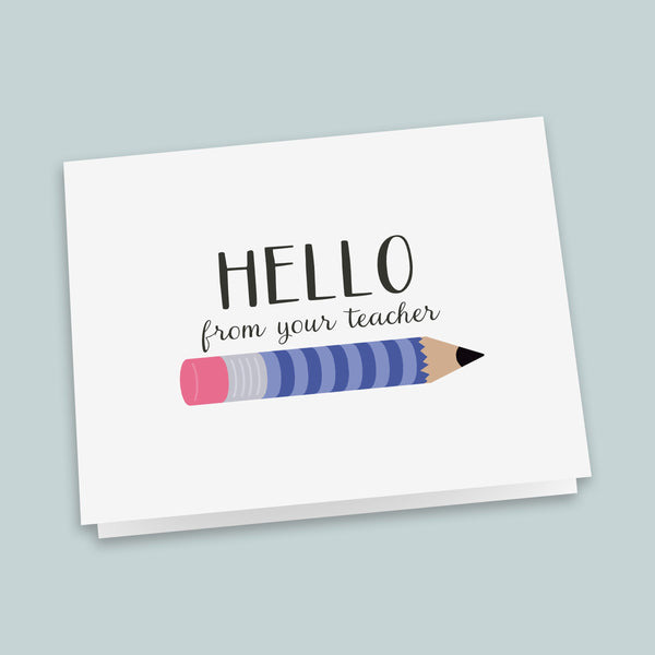 Teacher Hello Folded Note Cards, Blue Pencil - Pack of 6