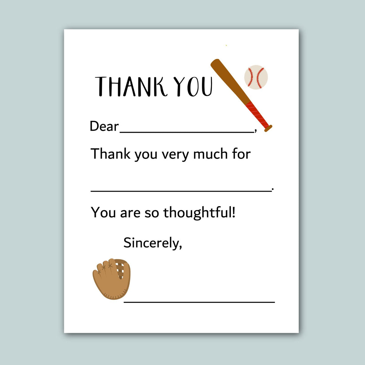 The image is a white card with a baseball bat and ball on it, along with a message expressing gratitude.