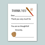 The image is a white card with a baseball bat and ball on it, along with a message expressing gratitude.