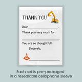 The image is a thank you card with a construction vehicle and a cone, and it is pre-packaged in a resealable sleeve. Each set is pre-packaged in a resealable cellophane sleeve.