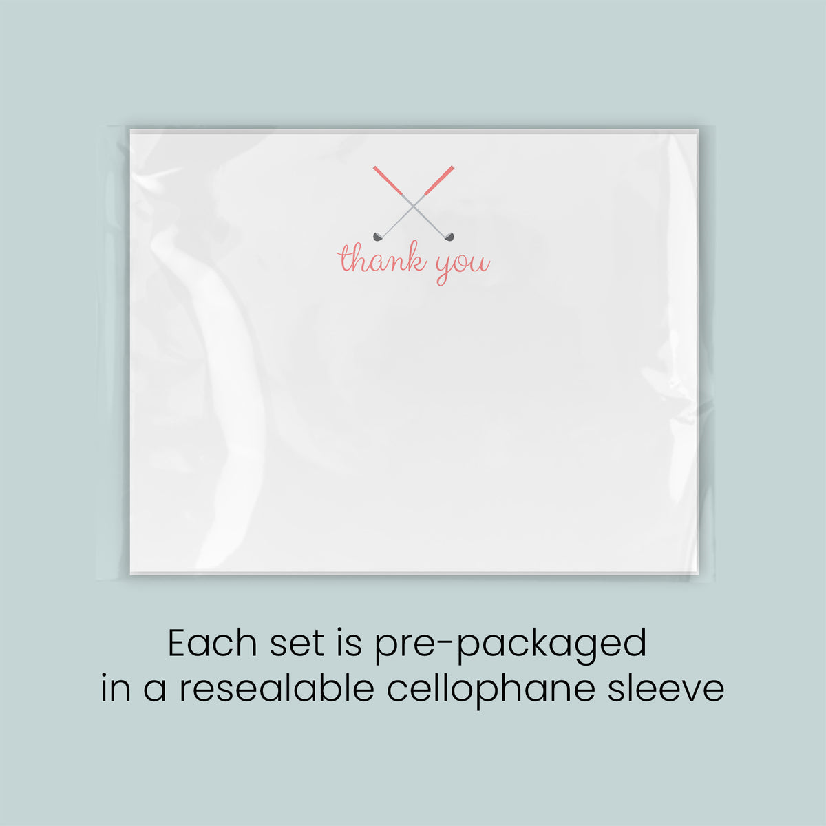 A white card with a "Thank you" message printed on it, and a caption stating that each set is pre-packaged in a resealable cellophane sleeve.