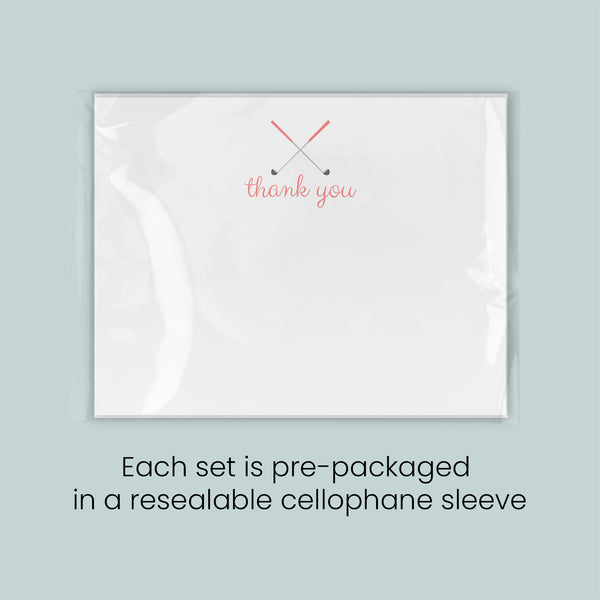 A white card with a "Thank you" message printed on it, and a caption stating that each set is pre-packaged in a resealable cellophane sleeve.