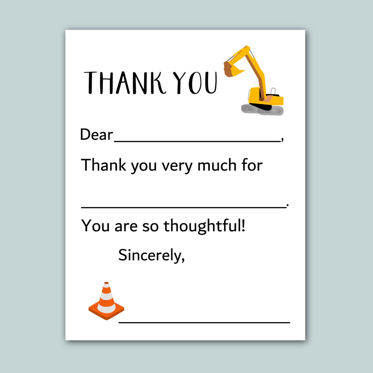 The image is a construction-themed thank you card with a construction vehicle and a cone. The card has a blank space for a recipient's name and a message expressing gratitude.