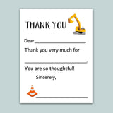 The image is a construction-themed thank you card with a construction vehicle and a cone. The card has a blank space for a recipient's name and a message expressing gratitude.