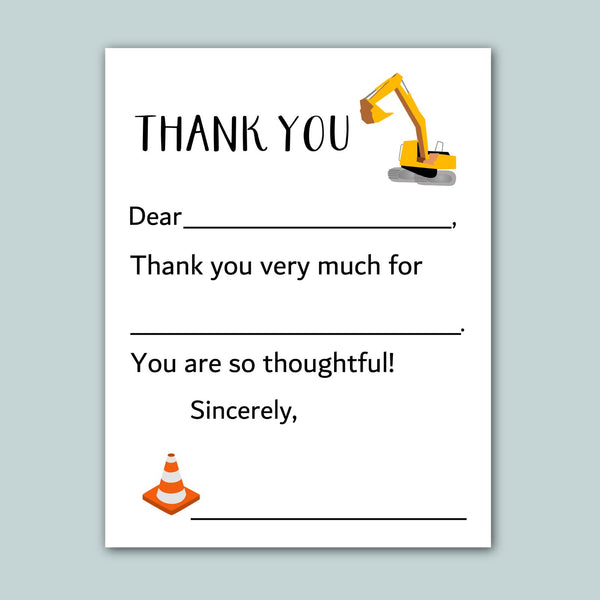 The image is a construction-themed thank you card with a construction vehicle and a cone. The card has a blank space for a recipient's name and a message expressing gratitude.