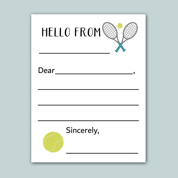 The image is a blank letterhead with a tennis racket and ball graphic, and the text "Hello from" at the top.