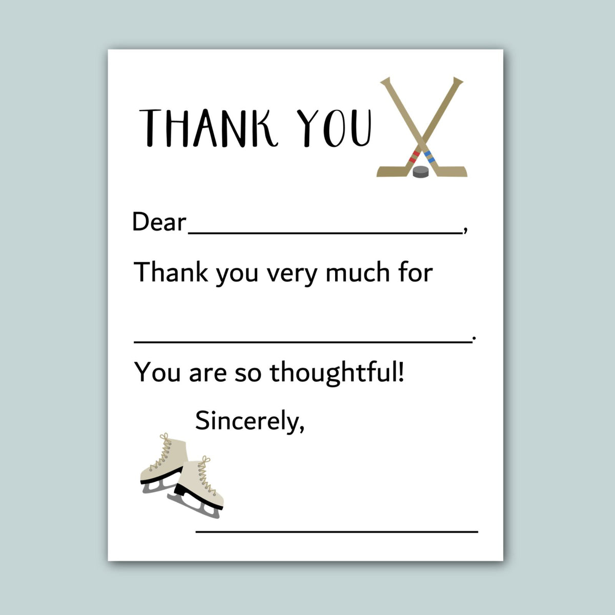 The image is a white card with a hockey rink and skates on it, along with a hockey stick and a puck. The card has a message written on it, expressing gratitude, and it is addressed to someone.