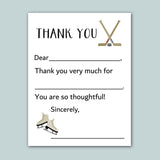The image is a white card with a hockey rink and skates on it, along with a hockey stick and a puck. The card has a message written on it, expressing gratitude, and it is addressed to someone.