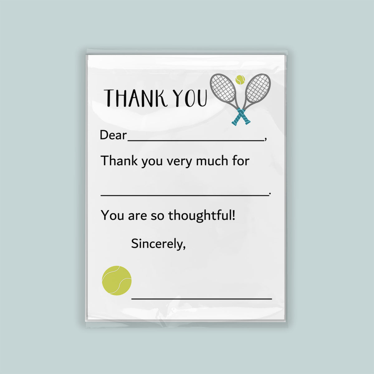 The image is a white card with a tennis racket and ball graphic, and a message expressing gratitude.