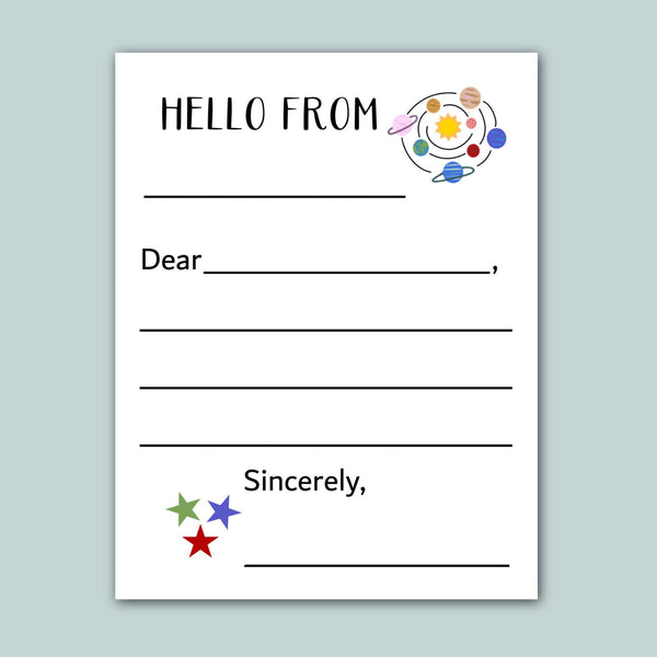 The image is a blank letterhead with a space-themed design, including planets and stars, and a message that reads "Hello from" followed by an empty space for a response.