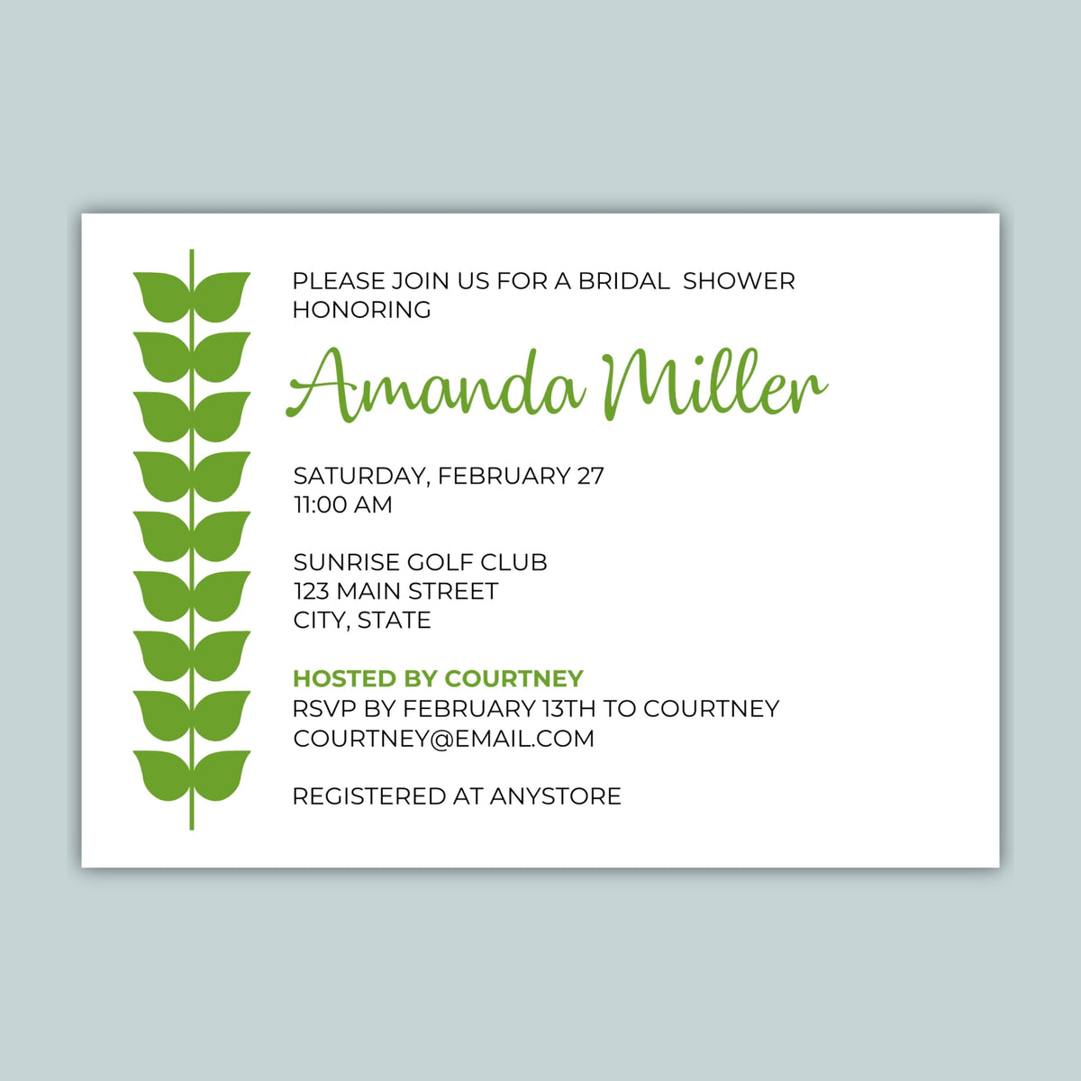 The image is a wedding invitation card for a bridal shower, featuring a green leaf design and text inviting guests to a bridal shower honoring Amanda Miller.