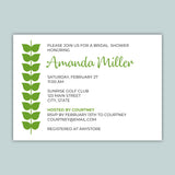 The image is a wedding invitation card for a bridal shower, featuring a green leaf design and text inviting guests to a bridal shower honoring Amanda Miller.