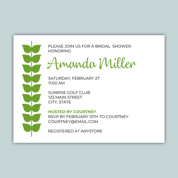 The image is a wedding invitation card for a bridal shower, featuring a green leaf design and text inviting guests to a bridal shower honoring Amanda Miller.