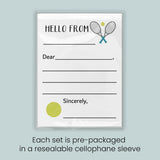 The image is a greeting card with a tennis racket and ball design, inviting the recipient to 