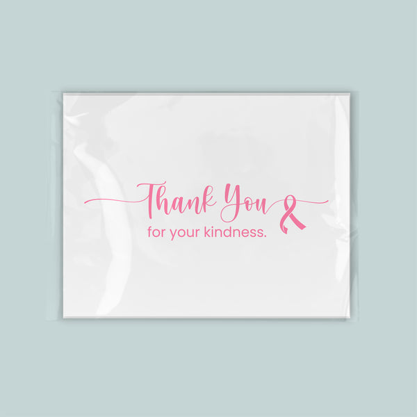 The image is a white card with a pink ribbon symbol and the text "Thank You for your kindness."