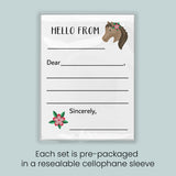 The image is a greeting card with a horse illustration and a blank space for a message. Each set is pre-packaged in a resealable cellophane sleeve.