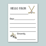 a letterhead with a hockey stick and skates, along with a blank space for a message.