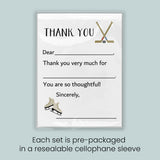 The image is a thank you card with a hockey stick and skates, and it is pre-packaged in a resealable cellophane sleeve. Each set is pre-packaged in a resealable cellophane sleeve.