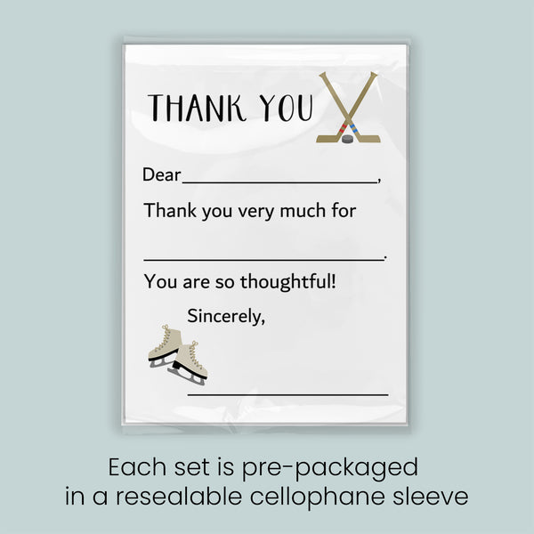 The image is a thank you card with a hockey stick and skates, and it is pre-packaged in a resealable cellophane sleeve. Each set is pre-packaged in a resealable cellophane sleeve.