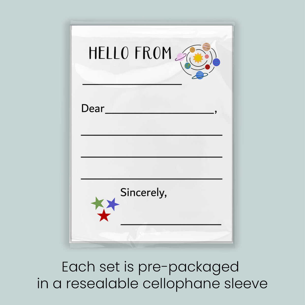 The image is a pre-packaged greeting card set, each set is pre-packaged in a resealable cellophane sleeve.
