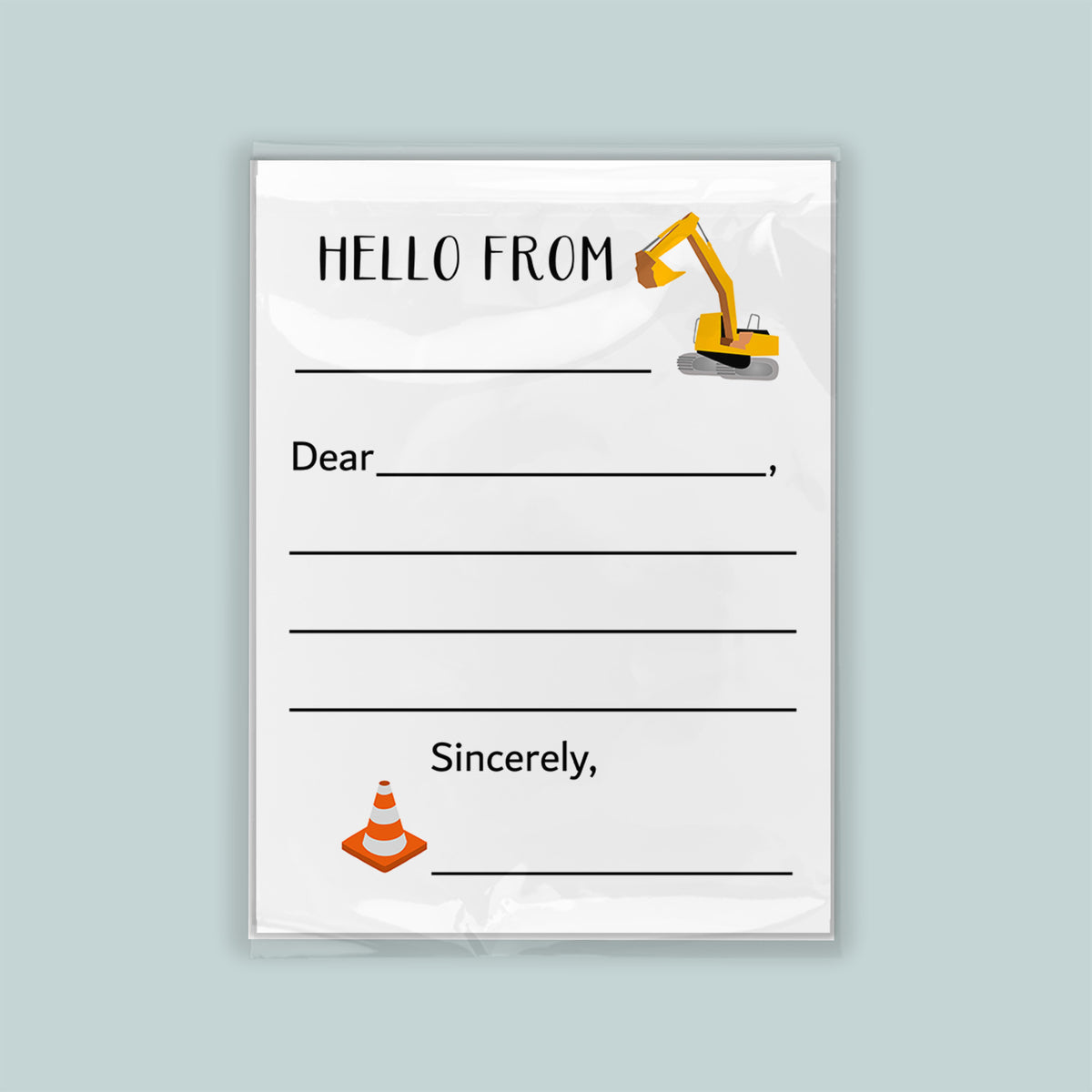The image is a construction-themed envelope with a construction site illustration and a construction worker's crane. The envelope has a blank space for a message and a construction cone illustration.