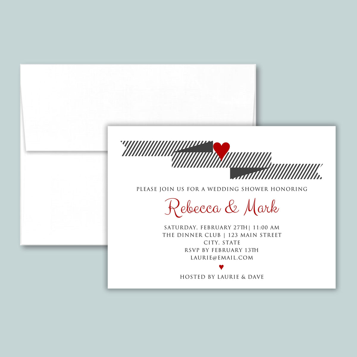 The image is a wedding invitation featuring a black and white striped design with a red heart symbol.