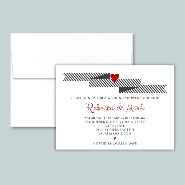 The image is a wedding invitation featuring a black and white striped design with a red heart symbol.