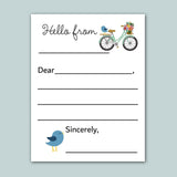 a letterhead with a bicycle and a bird on it, along with a blank space for a message. The letterhead has a simple, clean design with a light blue background.