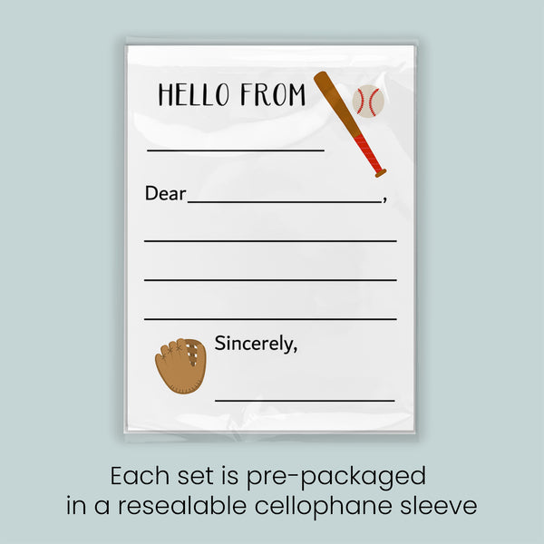 The image is a pre-packaged greeting card set that includes a baseball bat and ball, along with a blank space for a message. Each set is pre-packaged in a resealable cellophane sleeve.