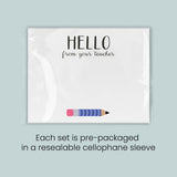 The image is a greeting card with a pencil on it, and it is pre-packaged in a re sealable cellophane sleeve. Each set is pre-packaged in a re sealable cellophane sleeve.