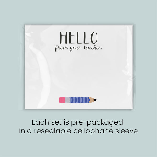 The image is a greeting card with a pencil on it, and it is pre-packaged in a re sealable cellophane sleeve. Each set is pre-packaged in a re sealable cellophane sleeve.