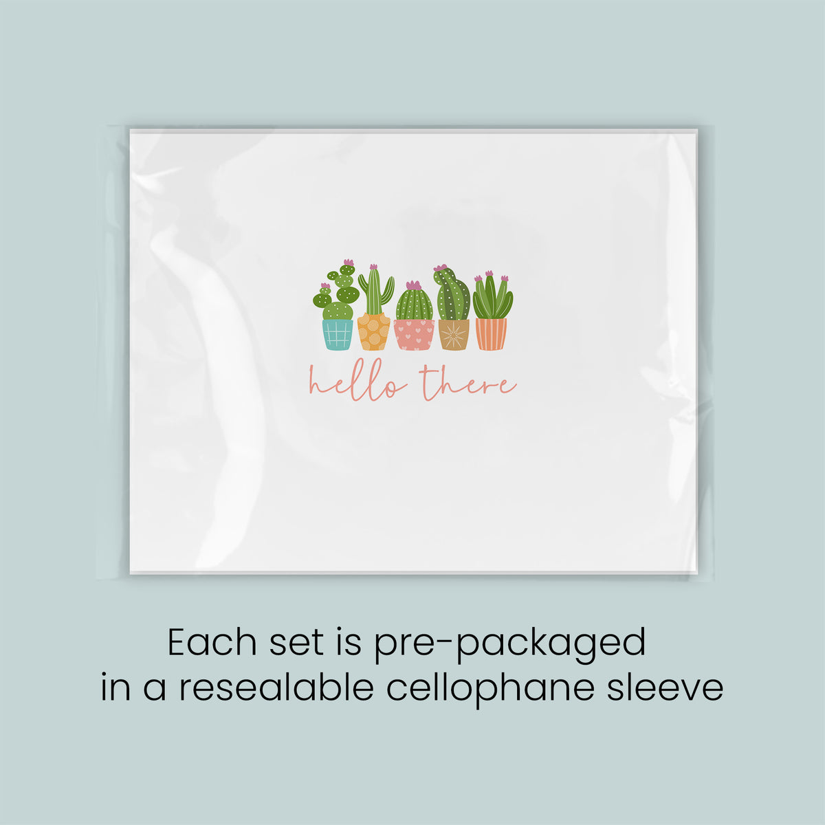 A set of pre-packaged greeting cards with a design featuring colorful cacti and the text "Hello There" on a white background. Each set is pre-packaged in a resealable cellulose sleeve.
