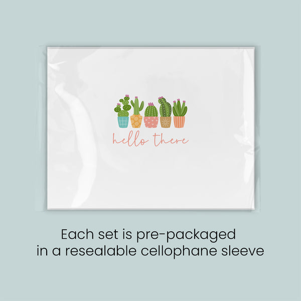 A set of pre-packaged greeting cards with a design featuring colorful cacti and the text "Hello There" on a white background. Each set is pre-packaged in a resealable cellulose sleeve.