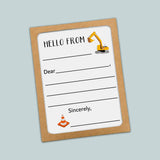 The image is a construction-themed greeting card with a construction site and a crane. The card has a blank space for a message and a blank space for a name.