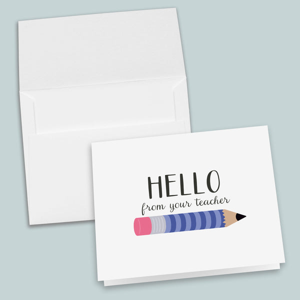 Teacher Hello Folded Note Cards, Blue Pencil - Pack of 6