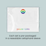 The image is a white rectangular card with a peace symbol and the text 