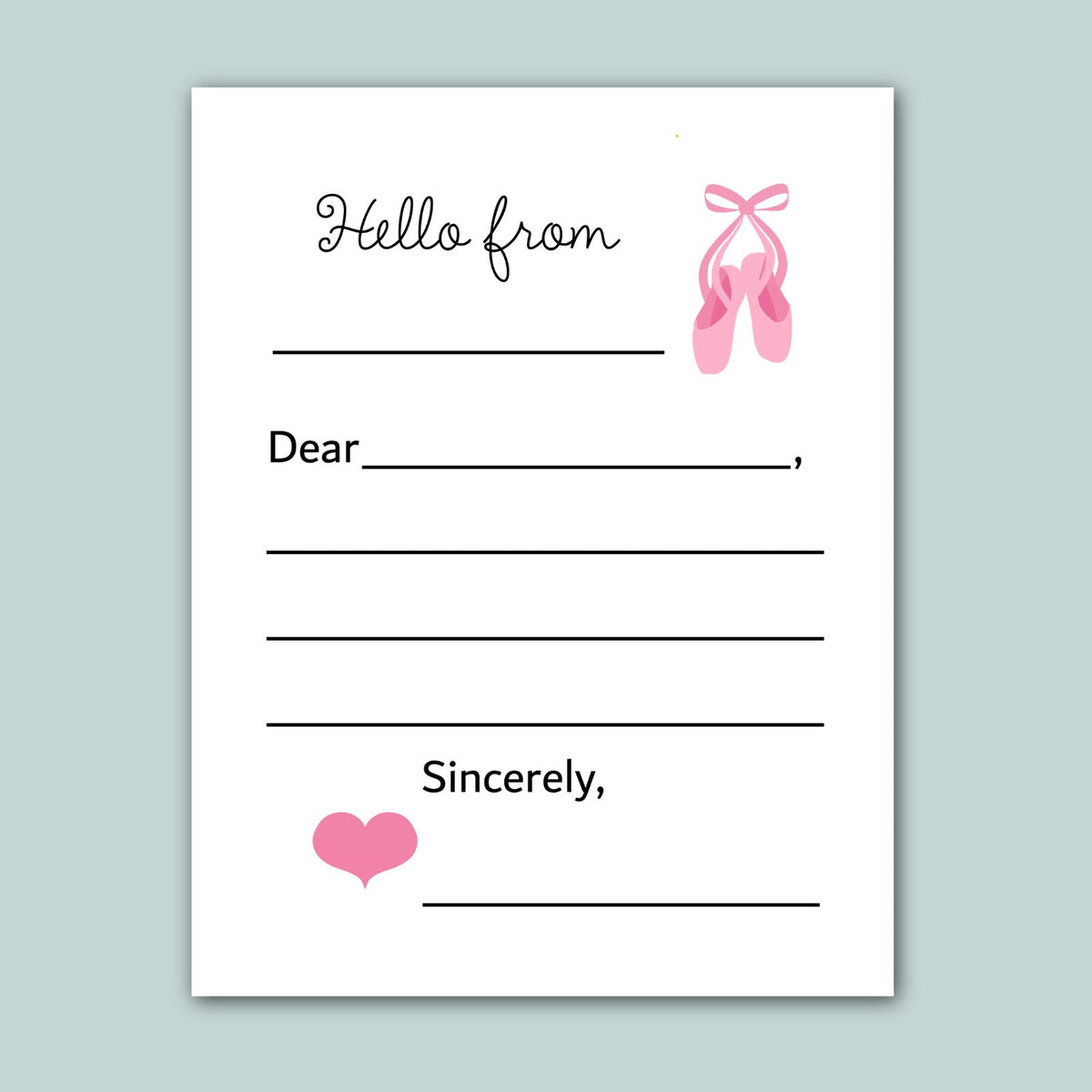 a blank letter with a pink ballet shoe illustration on the right side. The letter appears to be a handwritten message addressed to someone named Sincerely.