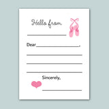 a blank letter with a pink ballet shoe illustration on the right side. The letter appears to be a handwritten message addressed to someone named Sincerely.