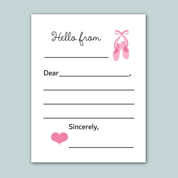 a blank letter with a pink ballet shoe illustration on the right side. The letter appears to be a handwritten message addressed to someone named Sincerely.