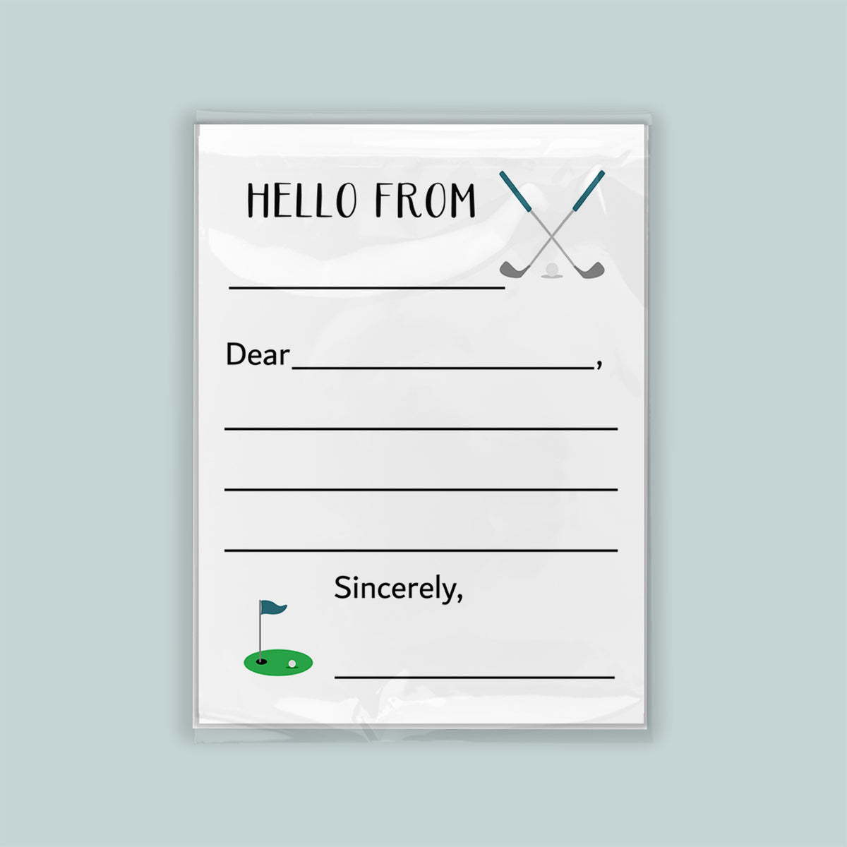 The image is a greeting card with a golf theme, featuring a green golf hole and crossed golf clubs. The card has a blank space for a message and a placeholder for the recipient's name.
