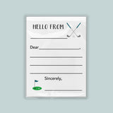 The image is a greeting card with a golf theme, featuring a green golf hole and crossed golf clubs. The card has a blank space for a message and a placeholder for the recipient's name.