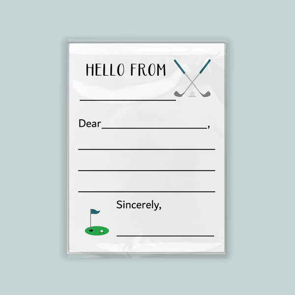 The image is a greeting card with a golf theme, featuring a green golf hole and crossed golf clubs. The card has a blank space for a message and a placeholder for the recipient's name.