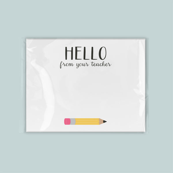 A greeting card with the text "Hello from your teacher" written on it, along with a pencil illustration.