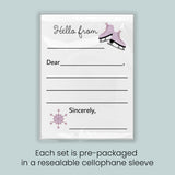 A pre-packaged letterhead set with a snowflake design and a pair of pink skates, indicating that each set is pre-packaged in a resealable cellophane sleeve.
