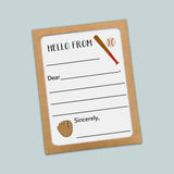 The image is a greeting card with a baseball theme, featuring a baseball bat, ball, and glove. The card has a blank space for a message and a blank space for a name.