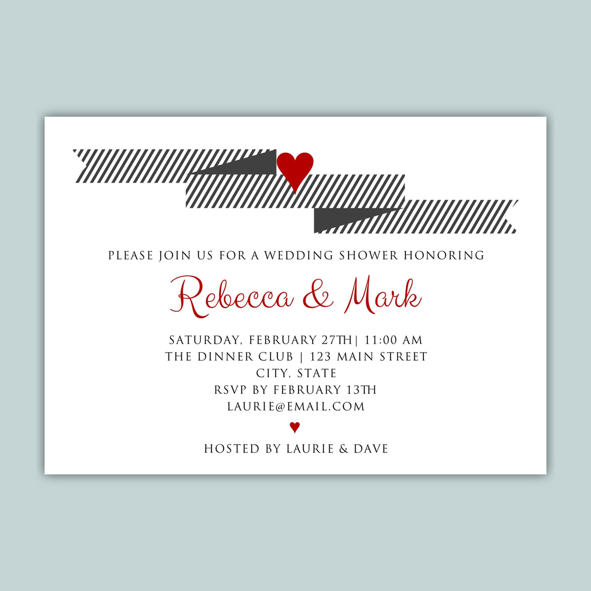 The image is a wedding invitation card with a black and white striped design and a red heart symbol.