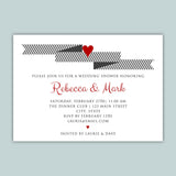 The image is a wedding invitation card with a black and white striped design and a red heart symbol.
