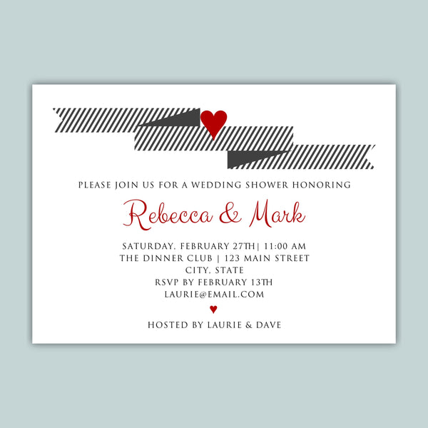 The image is a wedding invitation card with a black and white striped design and a red heart symbol.